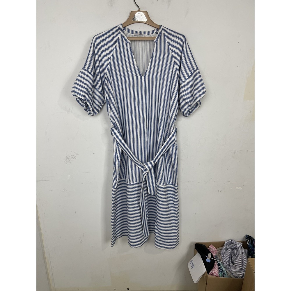 NIC+ZOE Womens M Blue White Striped Tie Waist Puff Sleeve‎ Midi Dress